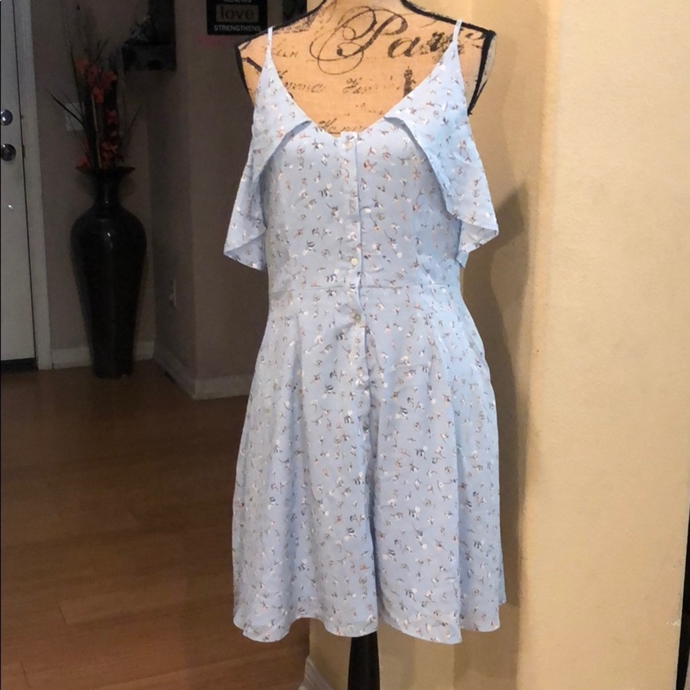 Light blue floral print cold shoulder dress